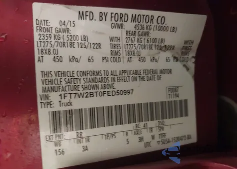 2015 Ford F-250 Xlt z USA, uszkodzony, nr VIN 1FT7W2BT0FED50997